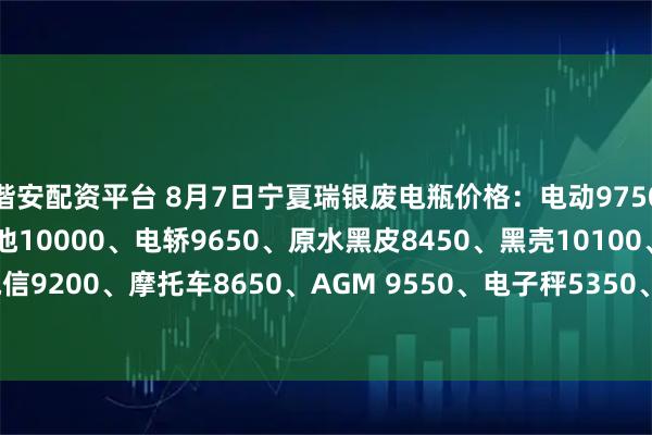 锴安配资平台 8月7日宁夏瑞银废电瓶价格：电动9750、白壳9850、120电池10000、电轿9650、原水黑皮8450、黑壳10100、电信9200、摩托车8650、AGM 9550、电子秤5350、2公斤8750。（单位：元/吨）